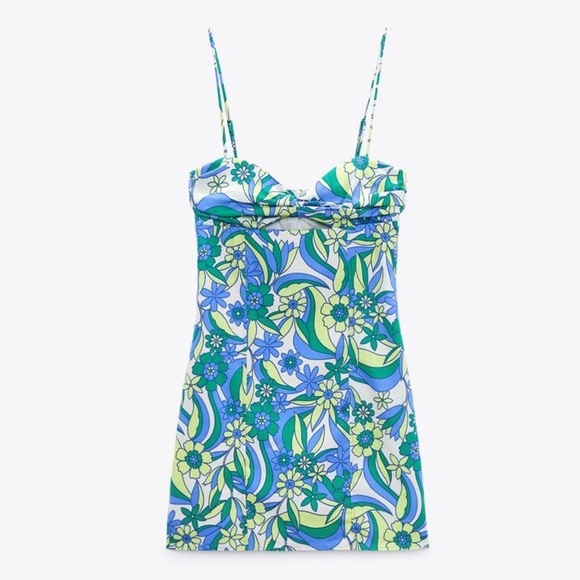 🌹NWT. Zara Blue/Green Floral Print Cut-Out Mini Dress. Size XL. - Picture 6 of 11